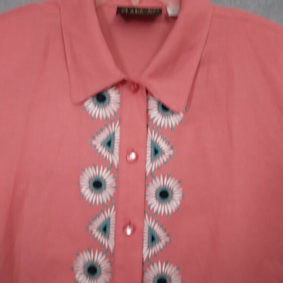 Bob Mackie 2 Pc Linen Embroidered Aztec Southwest Shirt with Tank Coral Size L - Picture 3 of 12